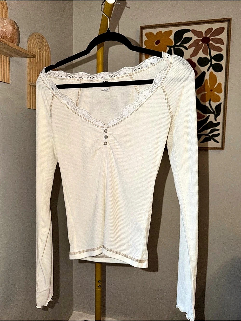 Urban Outfitters Diana Lace Trim Rib Knit Henley Top White Medium NWOT